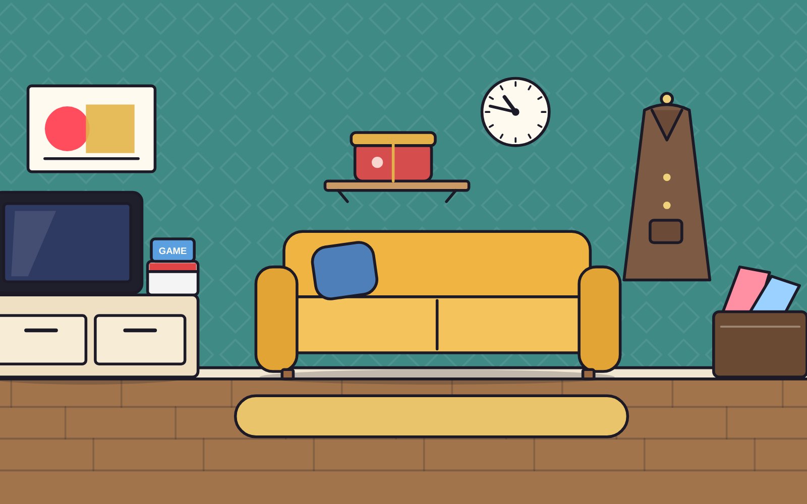 A living room at night drawn in thick, bright outlines: a yellow sofa, a cookie tin on a shelf, a wall clock, a coat on a stand and a magazine rack